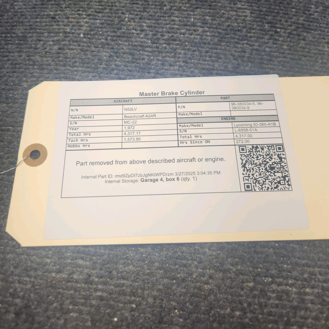 Used aircraft parts for sale, 96-380034-5 Beechcraft A24R Master Brake Cylinder