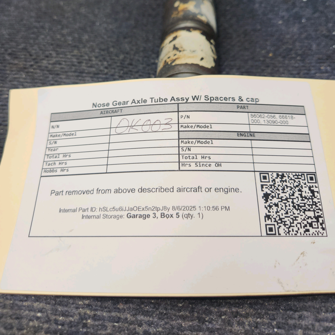 Used aircraft parts for sale, 86062-056 Nose Gear Axle Tube Assembly with Spacers & Cap