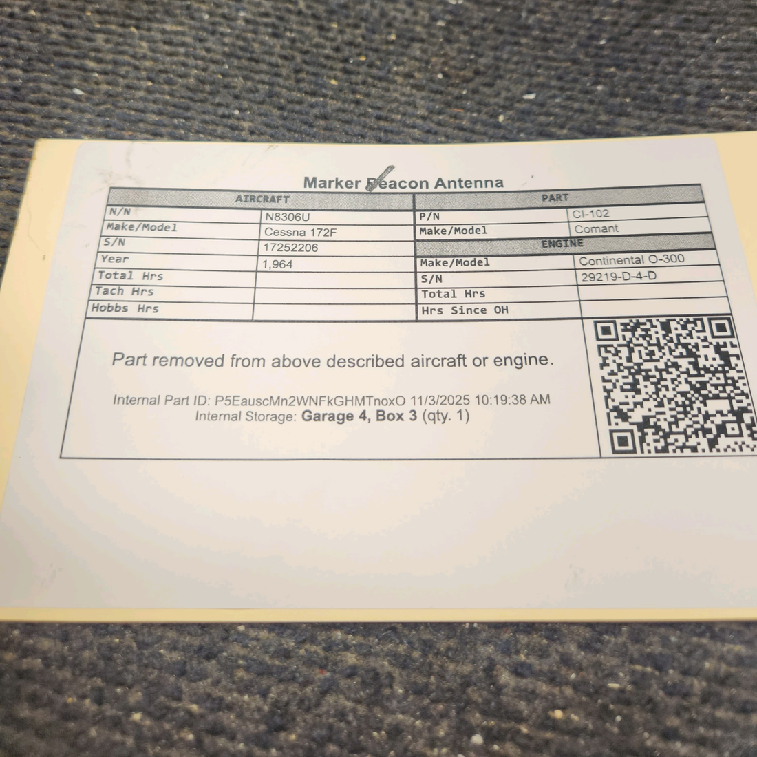 Used aircraft parts for sale, CI-102 Comant Cessna 172F Marker Beacon Antenna