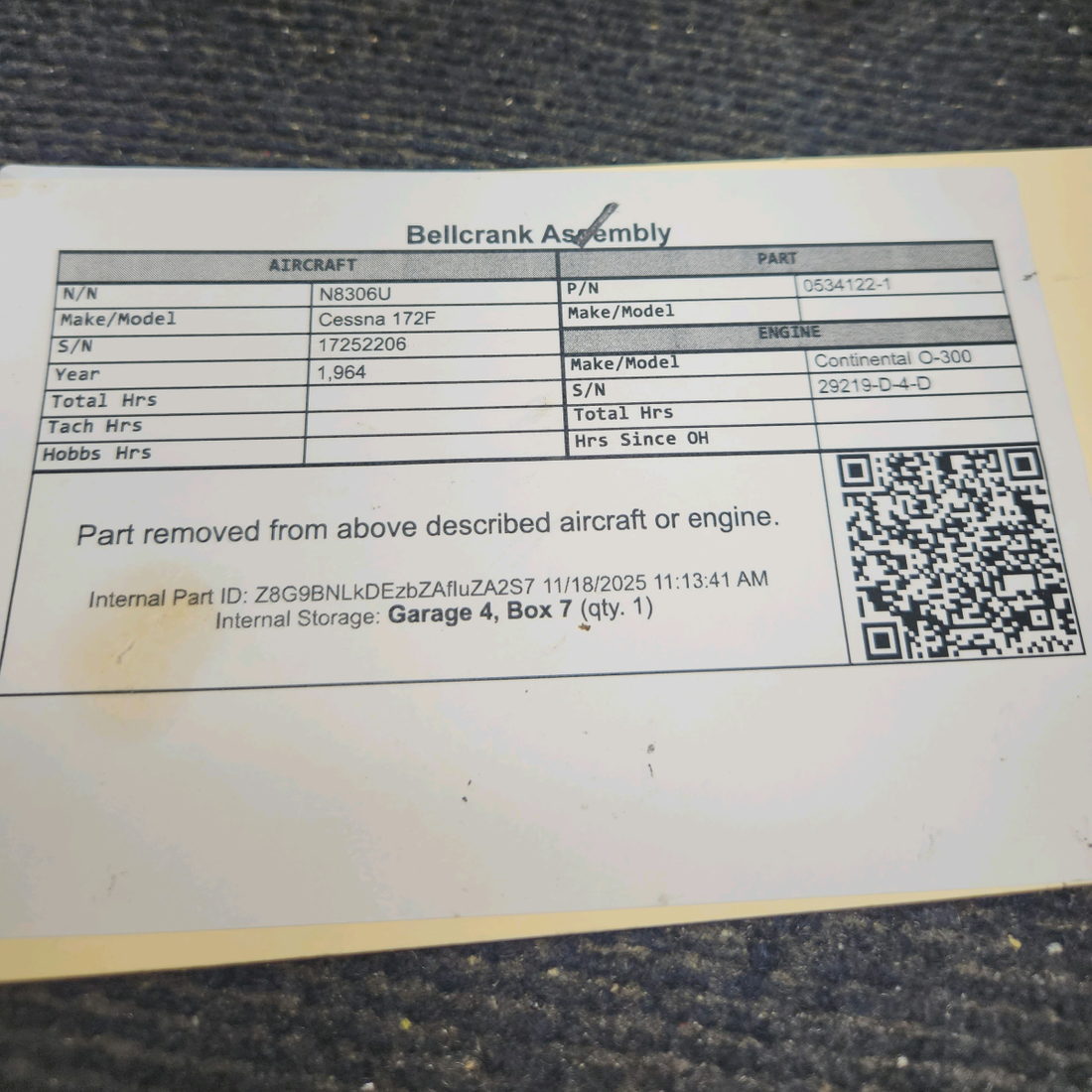 Used aircraft parts for sale, 0534122-1 Cessna 172F Bellcrank Assembly