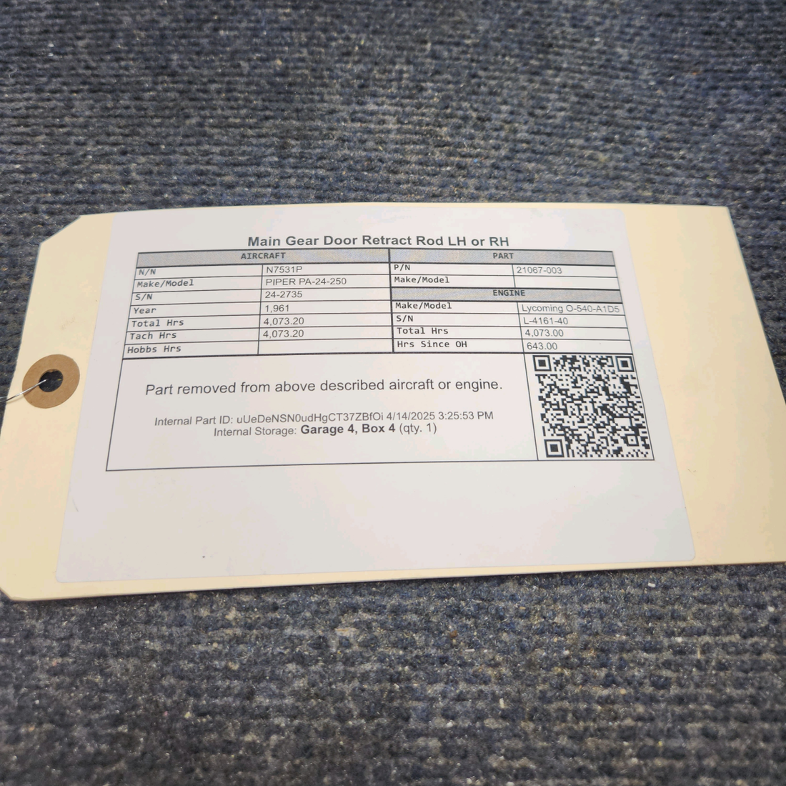 Used aircraft parts for sale, 21067-003 PIPER PA-24-250 Main Gear Door Retract Rod LH or RH