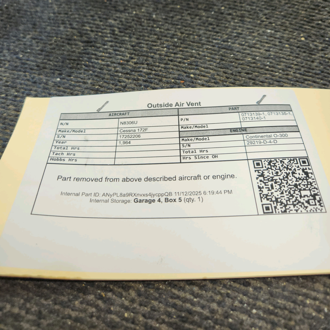 Used aircraft parts for sale, 0713139-1, 0713135-1, 0713140-1 Cessna 172F Outside Air Vent
