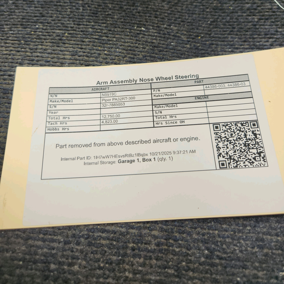 Used aircraft parts for sale, 44386-003 Piper PA32RT-300 Nose Wheel Steering Arm Assembly
