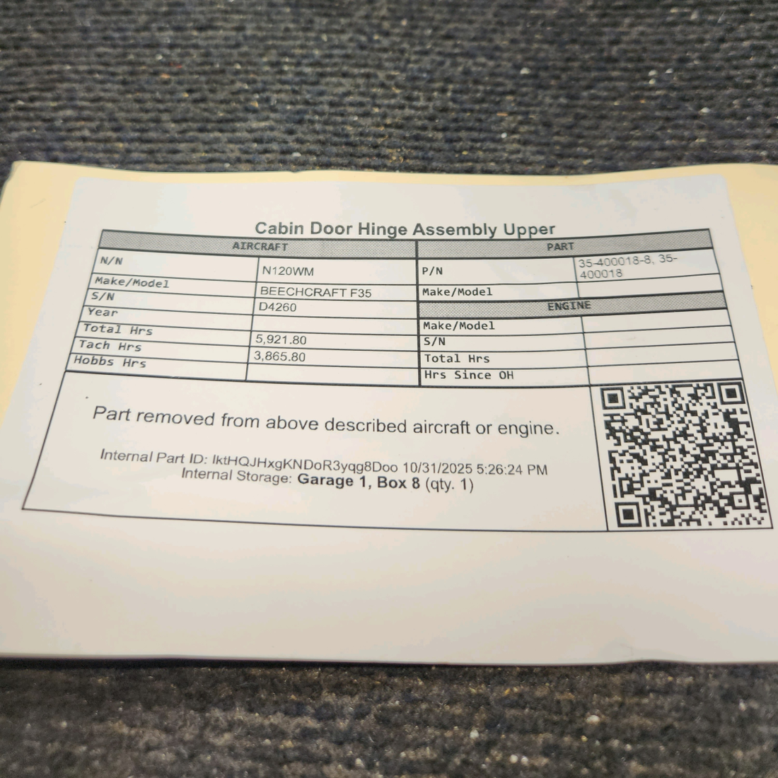 Used aircraft parts for sale, 35-400018-8 BEECHCRAFT F35 Cabin Door Upper Hinge Assembly