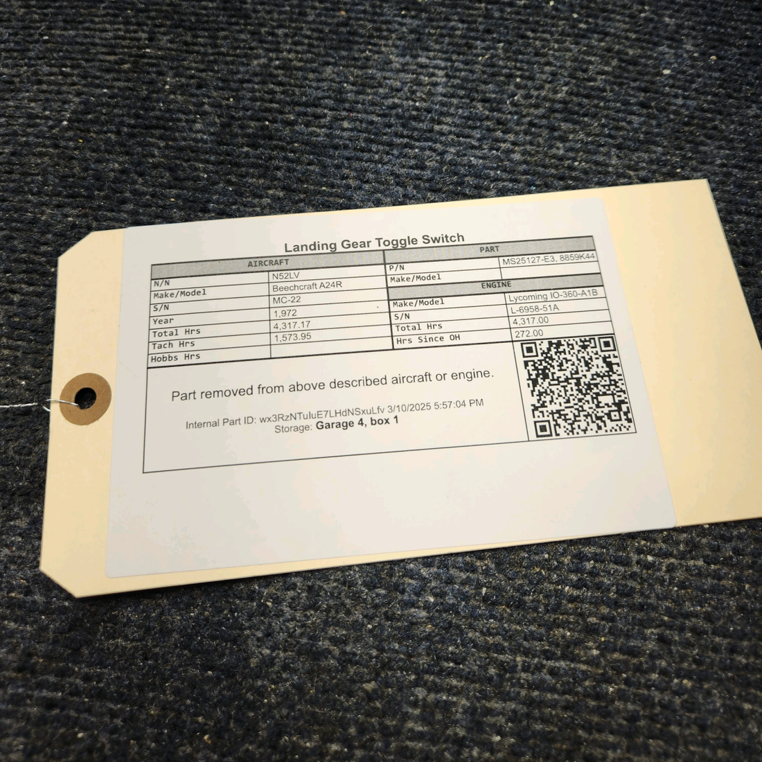 Used aircraft parts for sale, MS25127-E3 Beechcraft A24R Landing Gear Toggle Switch