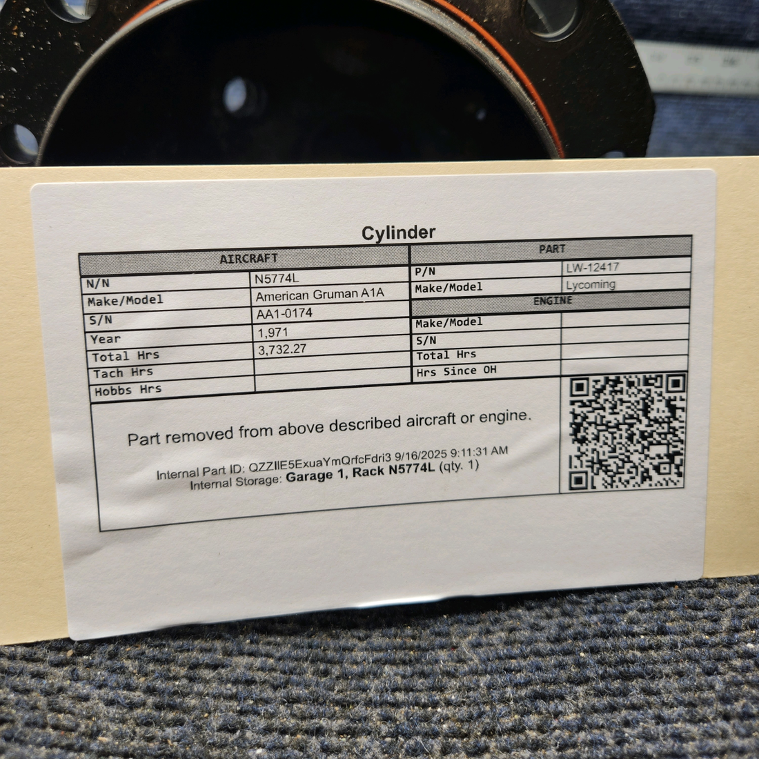 Used aircraft parts for sale, LW-12417 Lycoming O-320 American Gruman A1A Cylinder