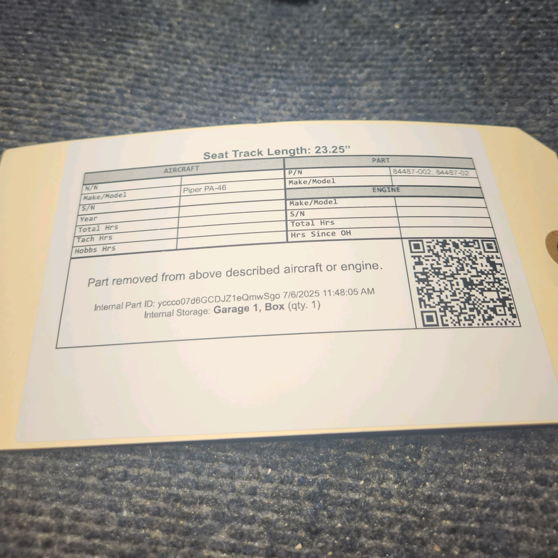 Used aircraft parts for sale, 84487-002 Piper PA-46 Seat Track Length: 23.25”