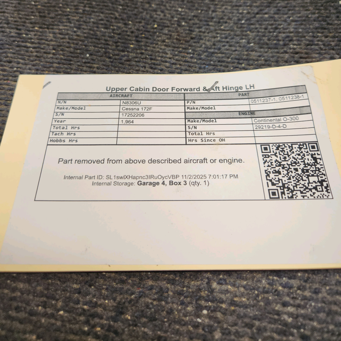 Used aircraft parts for sale, 0511237-1, 0511238-1 Cessna 172F Upper Cabin Door Forward & Aft Hinge - LH