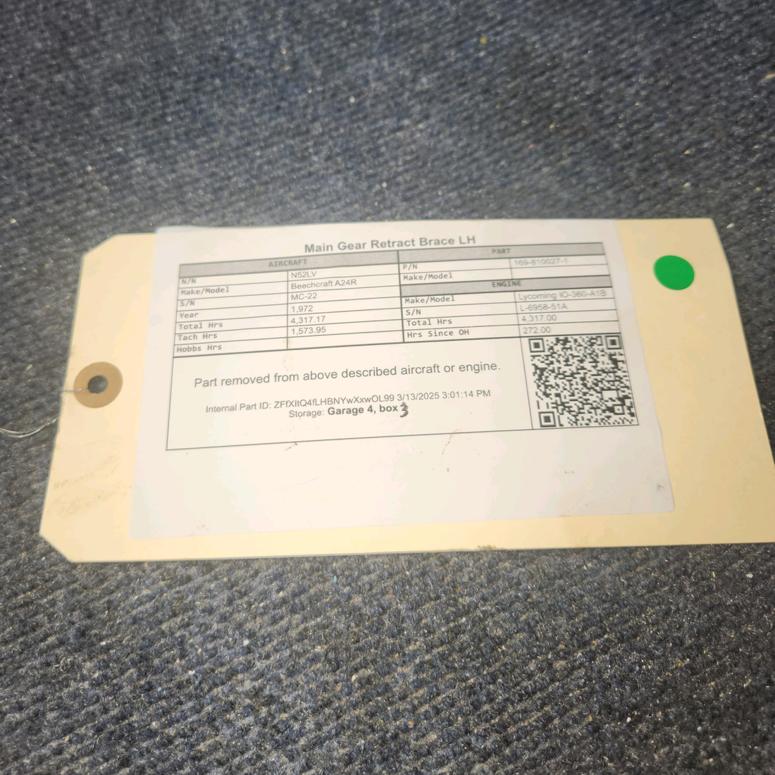 Used aircraft parts for sale, 169-810027-1 Beechcraft A24R Main Gear Retract Brace LH