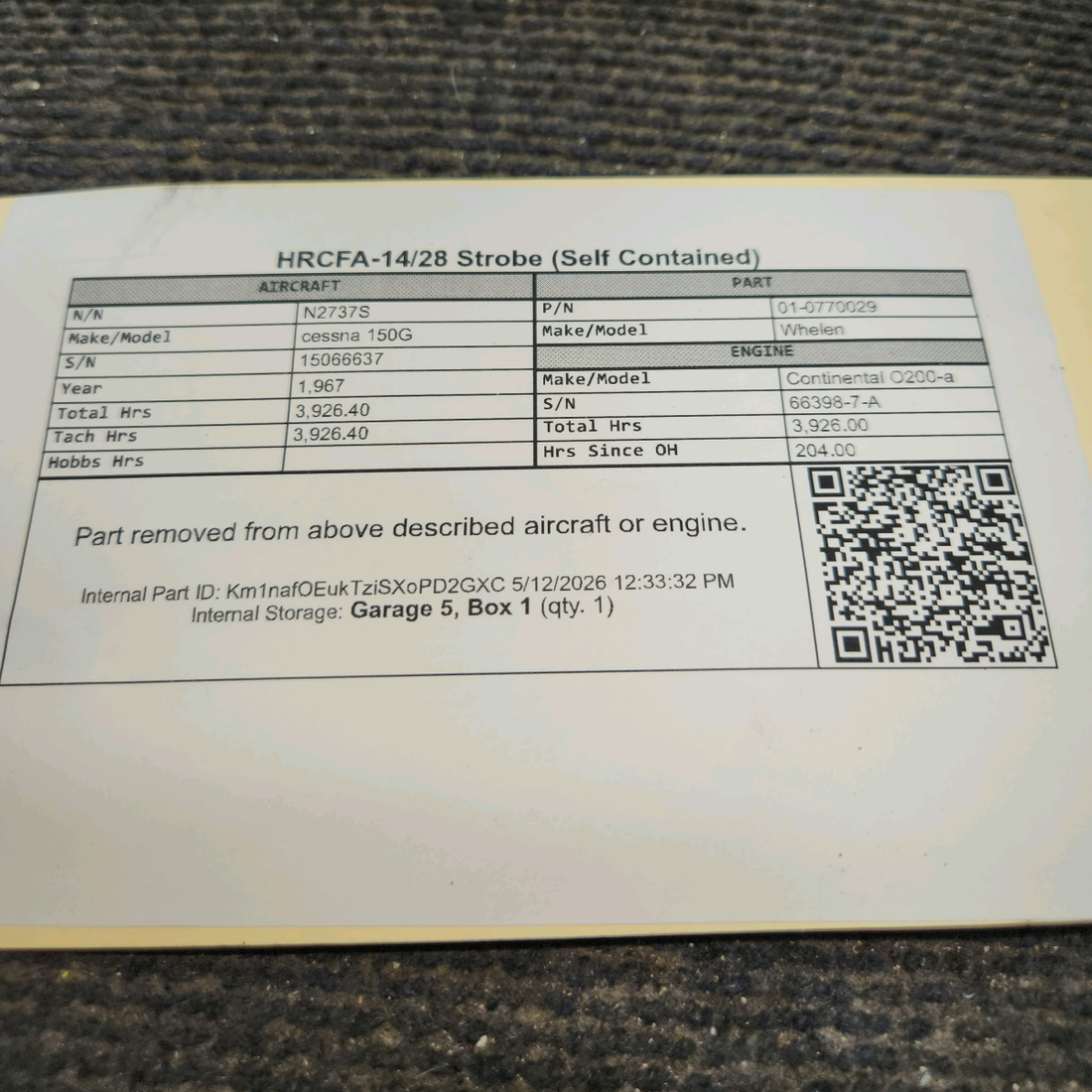 Used aircraft parts for sale, 01-0770029 Whelen HRCFA-14/28 cessna 150G Self-Contained Strobe Beacon