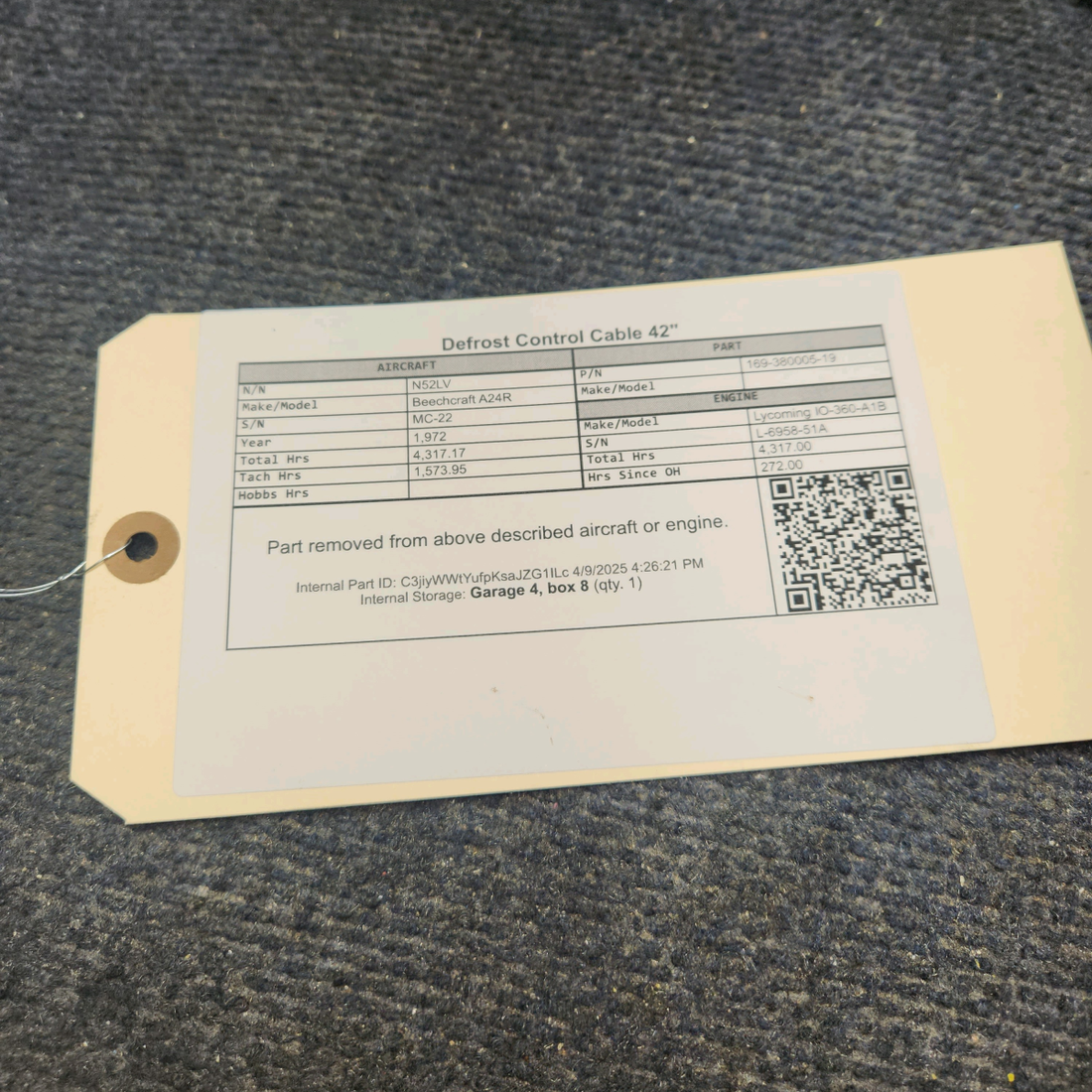 Used aircraft parts for sale, 169-380005-19 Beechcraft A24R Defrost Control Cable 42"