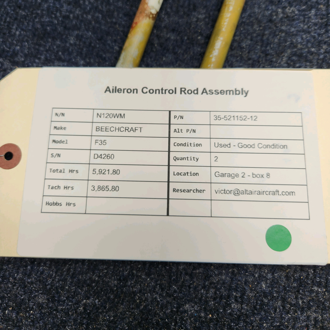 Used aircraft parts for sale, 35-521152-12 BEECHCRAFT F35 AILERON CONTROL ROD ASSEMBLY PRICE PER EACH.