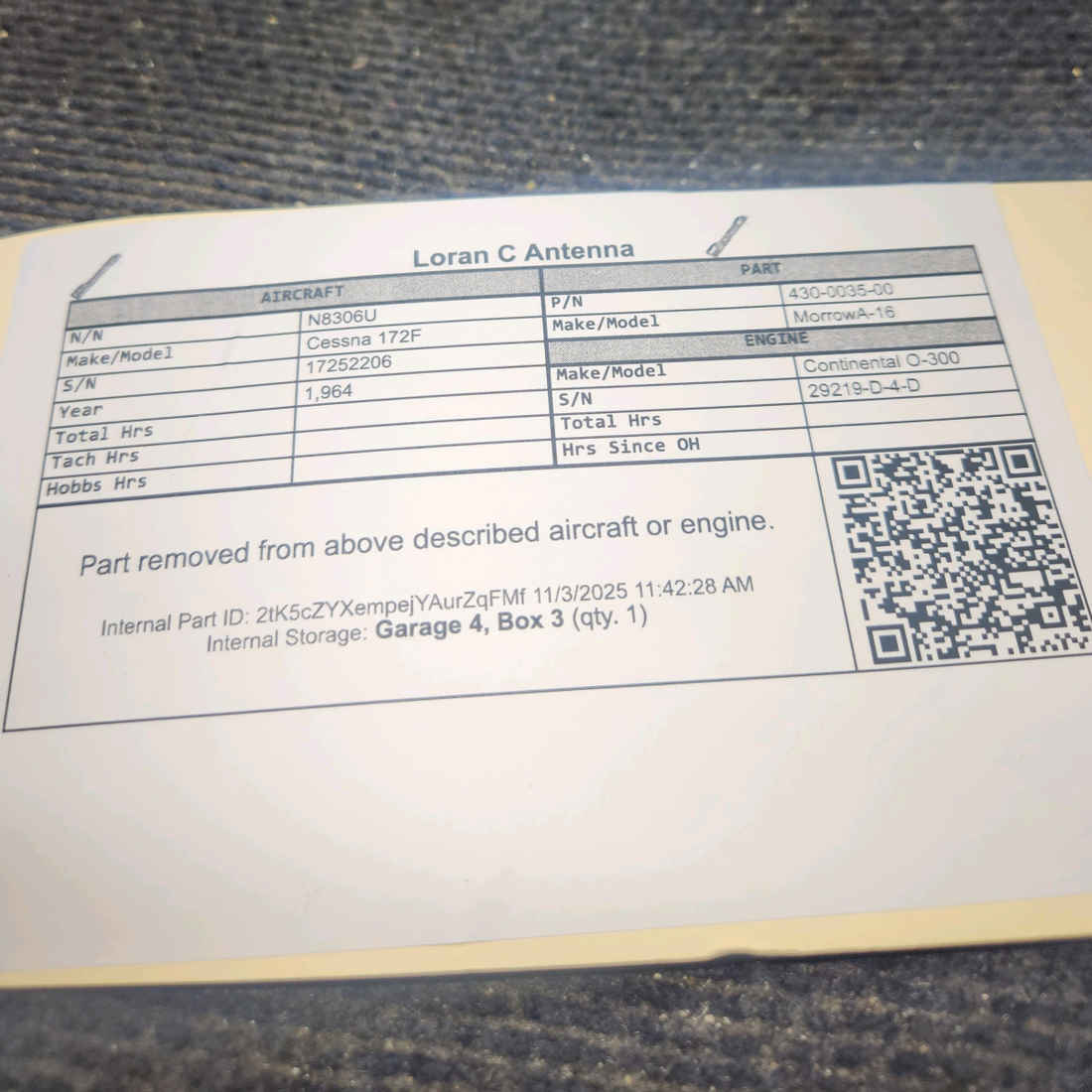 Used aircraft parts for sale, 430-0035-00 Morrow A-16 Cessna 172F Loran C Antenna