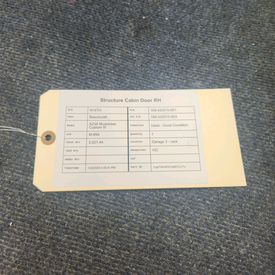 Used aircraft parts for sale, 169-420010-651 Beechcraft A23A Musketeer Custom III STRUCTURE CABIN DOOR RH