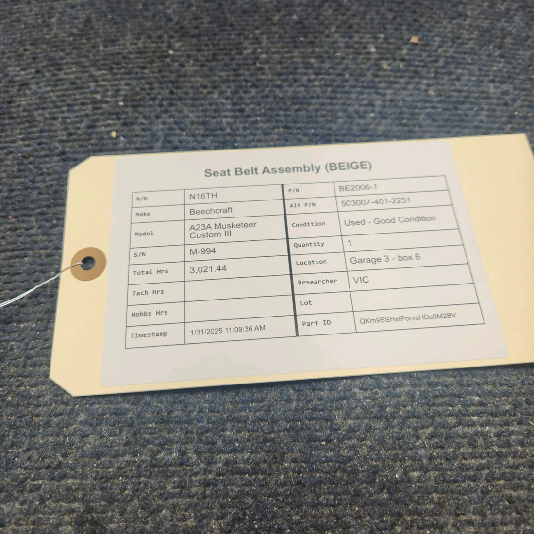 Used aircraft parts for sale, BE2006-1 Beechcraft A23A Musketeer Custom III SEAT BELT ASSEMBLY (BEIGE)