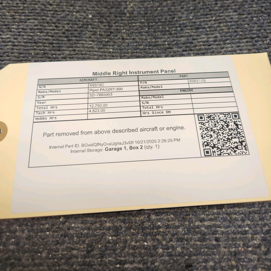 Used aircraft parts for sale, 69831-05 Piper PA32RT-300 Instrument Panel - Middle Right