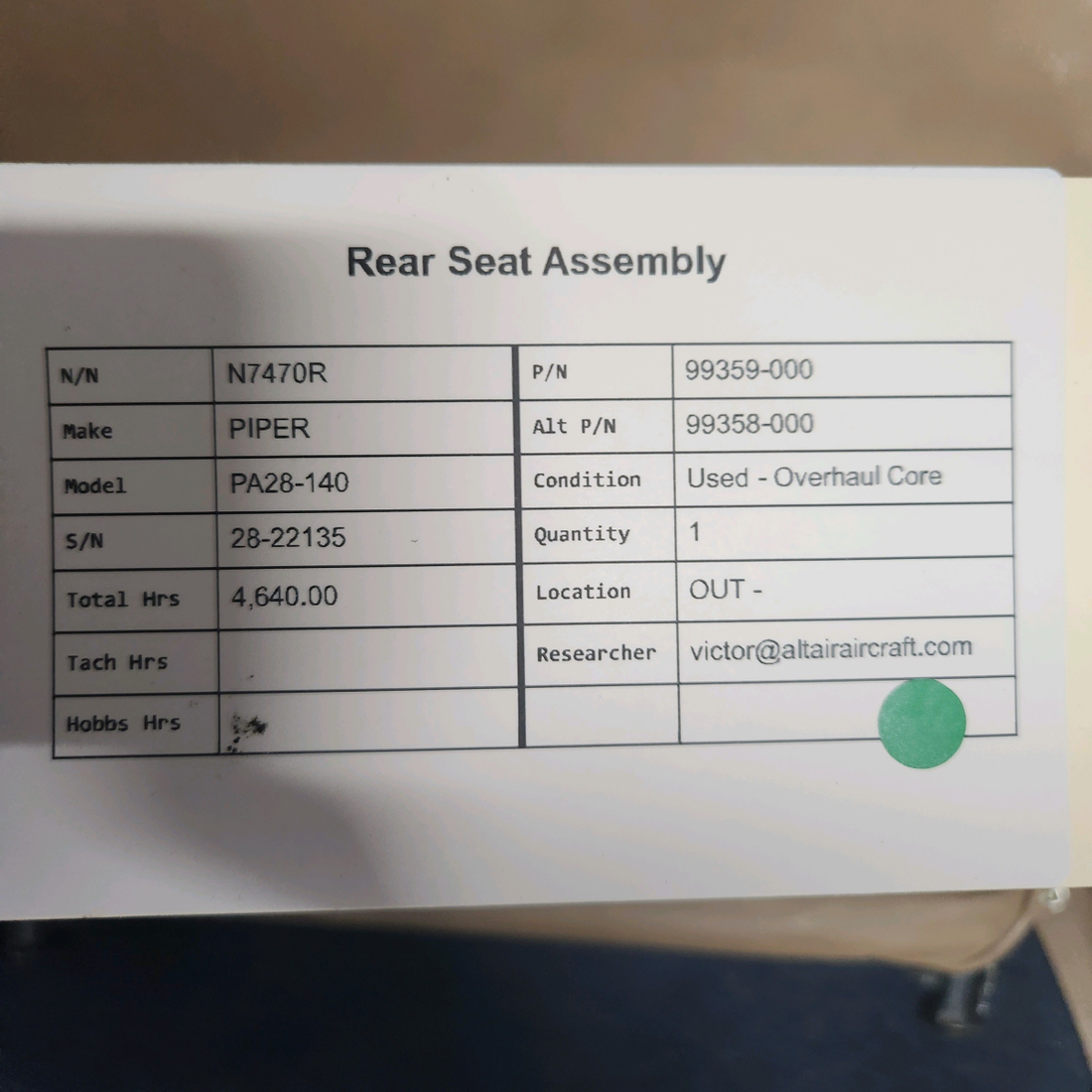 Used aircraft parts for sale, 99359-000 PIPER PA28-140 REAR SEAT ASSEMBLY