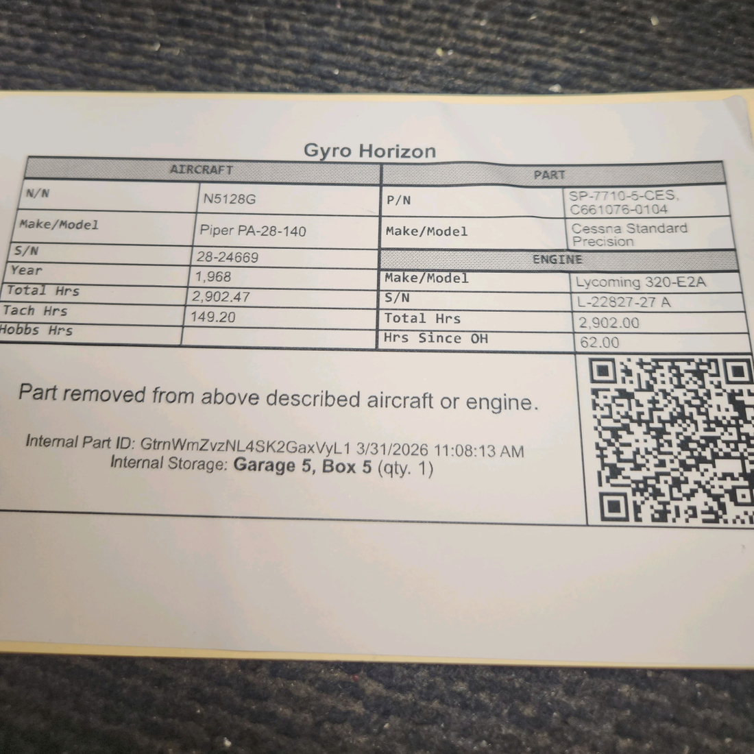 Used aircraft parts for sale, SP-7710-5-CES Cessna Standard Precision Piper PA-28-140 Gyro Horizon