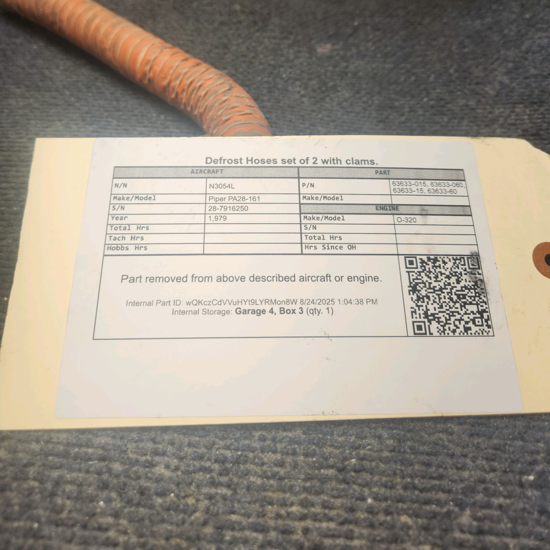 Used aircraft parts for sale, 63633-015, 63633-060 Piper PA28-161 Defrost Hoses - Set of 2  w/ Clams.