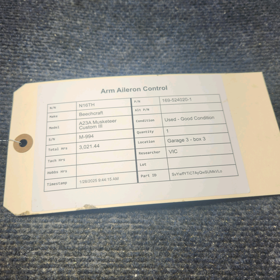 Used aircraft parts for sale, 169-524020-1 Beechcraft A23A Musketeer Custom III ARM AILERON CONTROL