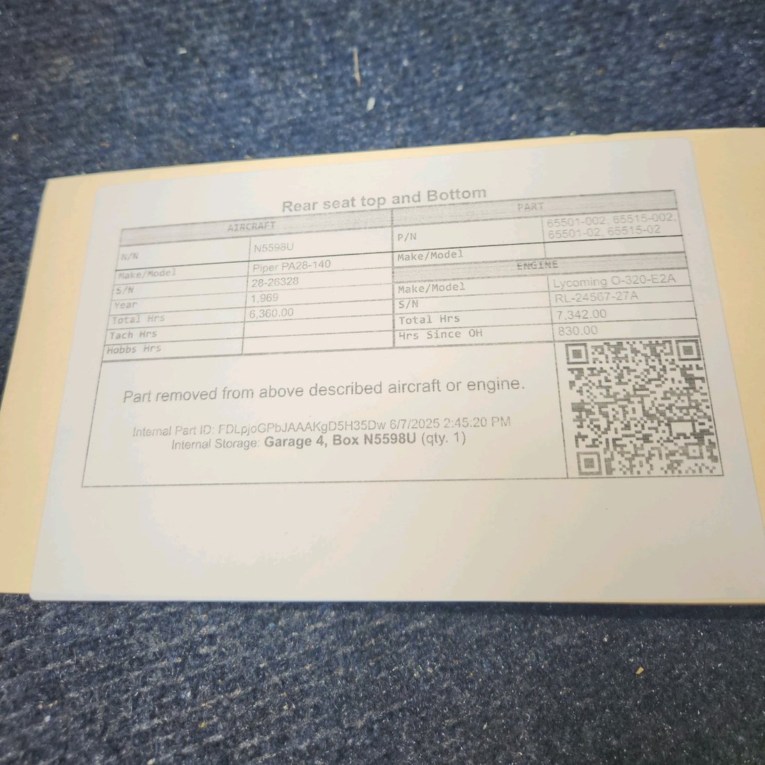 Used aircraft parts for sale, 65501-002, 65515-002 Piper PA28-140 Rear seat top and Bottom