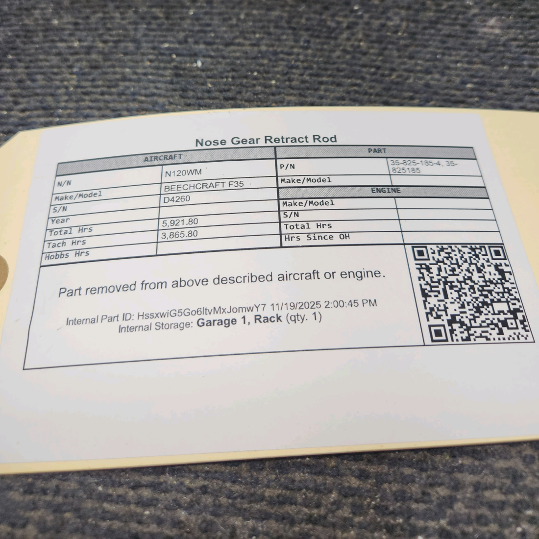 Used aircraft parts for sale, 35-825185-4 Beechcraft F35 Nose Gear Retract Rod