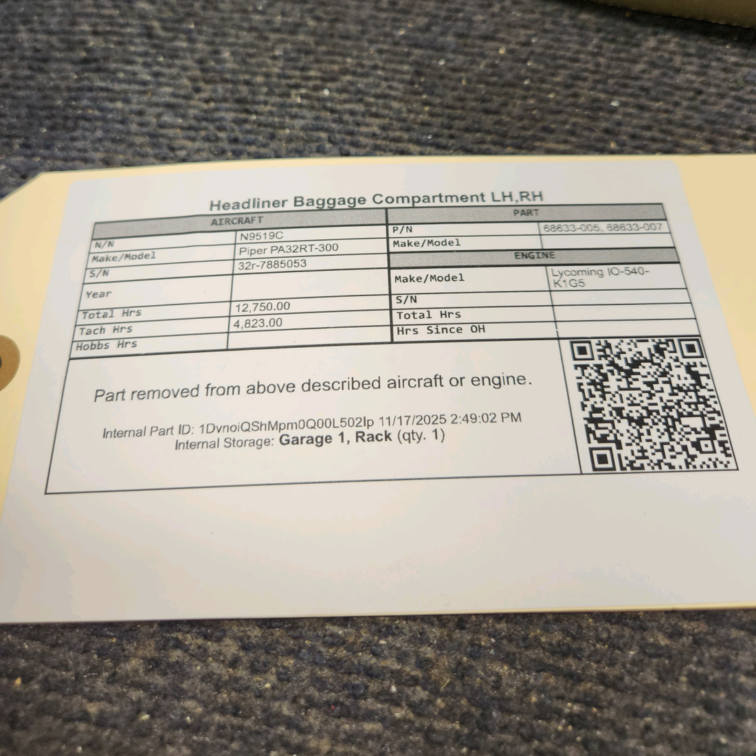 Used aircraft parts for sale, 68633-005 Piper PA32RT-300 Baggage Compartment Headliner - RH and LH