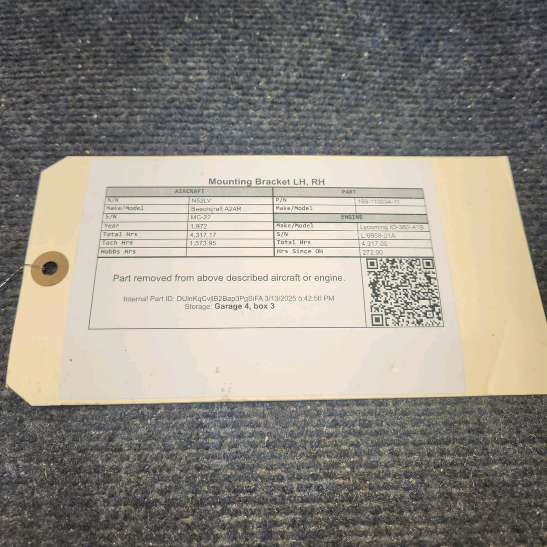 Used aircraft parts for sale, 169-110034-11 Beechcraft A24R Mounting Bracket LH, RH