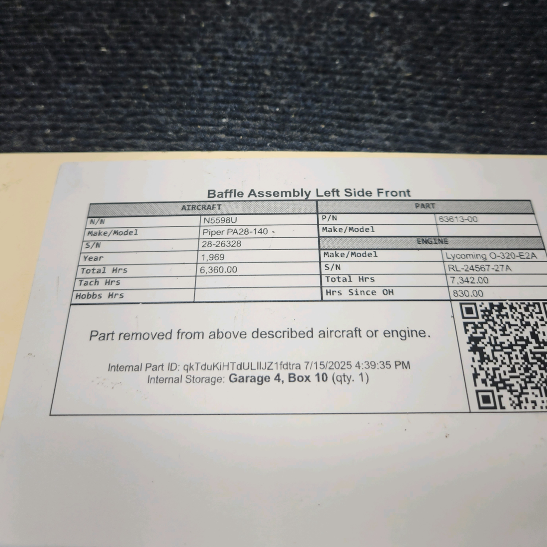 Used aircraft parts for sale, 63613-00 Lycoming O-320 Piper PA28-140 Baffle Assembly Left Side Front