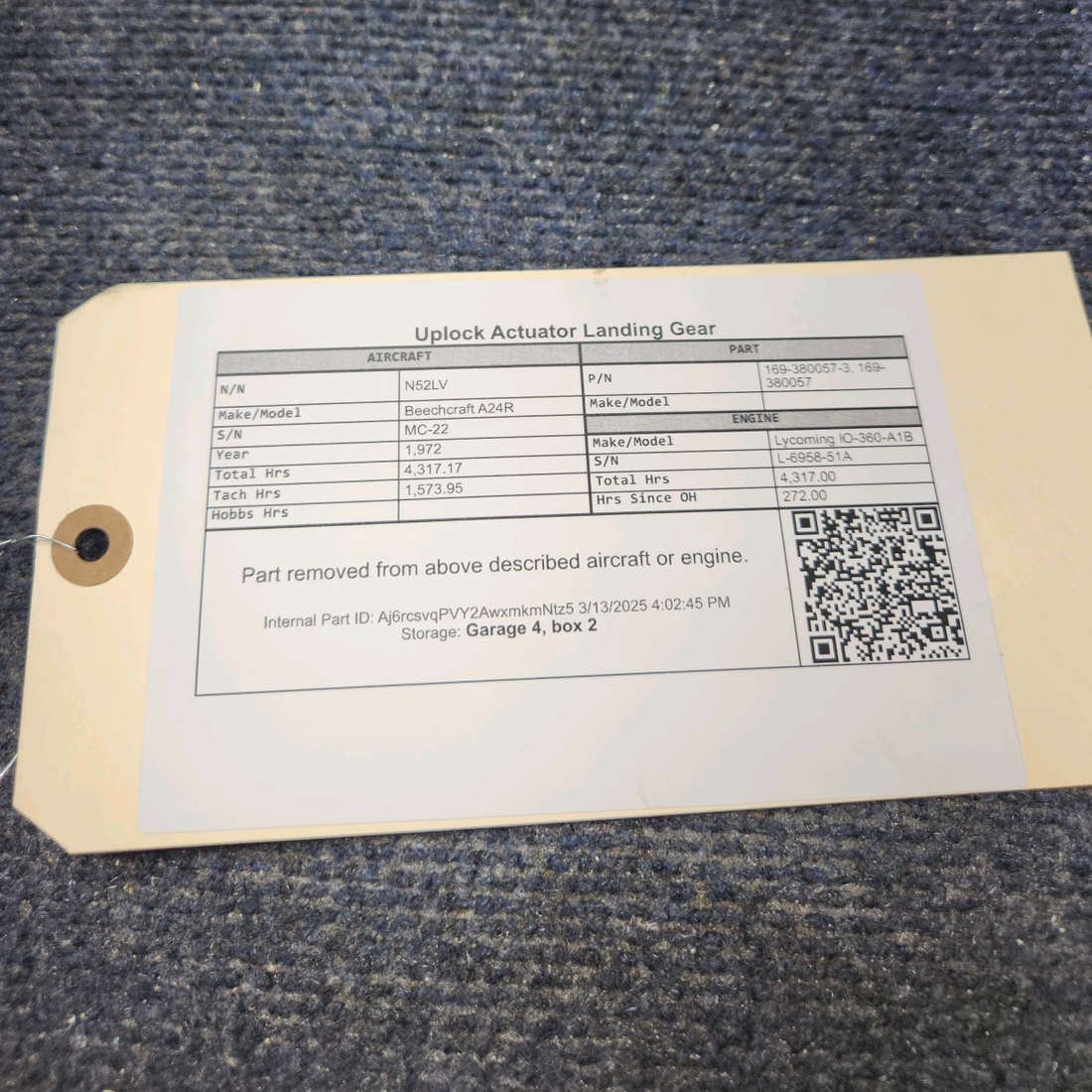 Used aircraft parts for sale, 169-380057-3 Beechcraft A24R Uplock Actuator Landing Gear