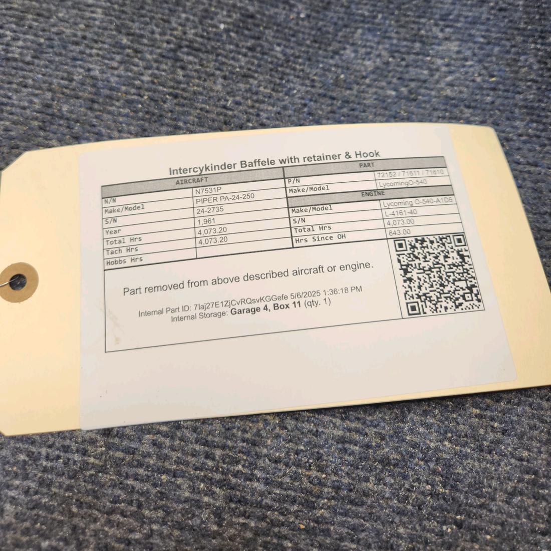 Used aircraft parts for sale, 72152 / 71611 / 71610 Lycoming O-540 PIPER PA-24-250 Intercylinder Baffele with retainer  & Hook