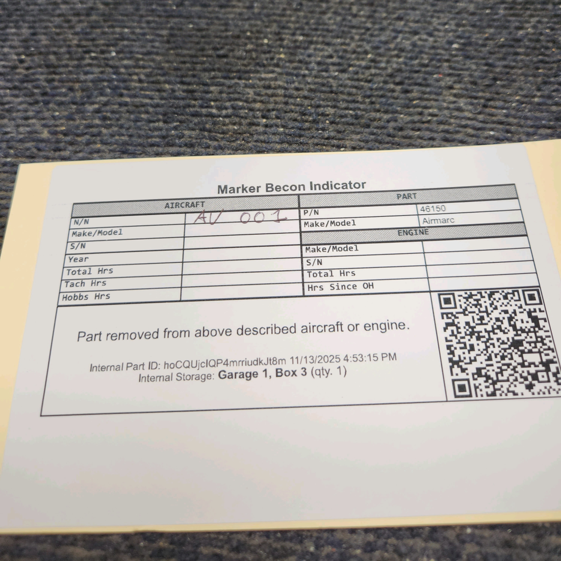 Used aircraft parts for sale, 46150-2 Airmarc 128H Piper PA28-140 Marker Beacon Indicator 14V