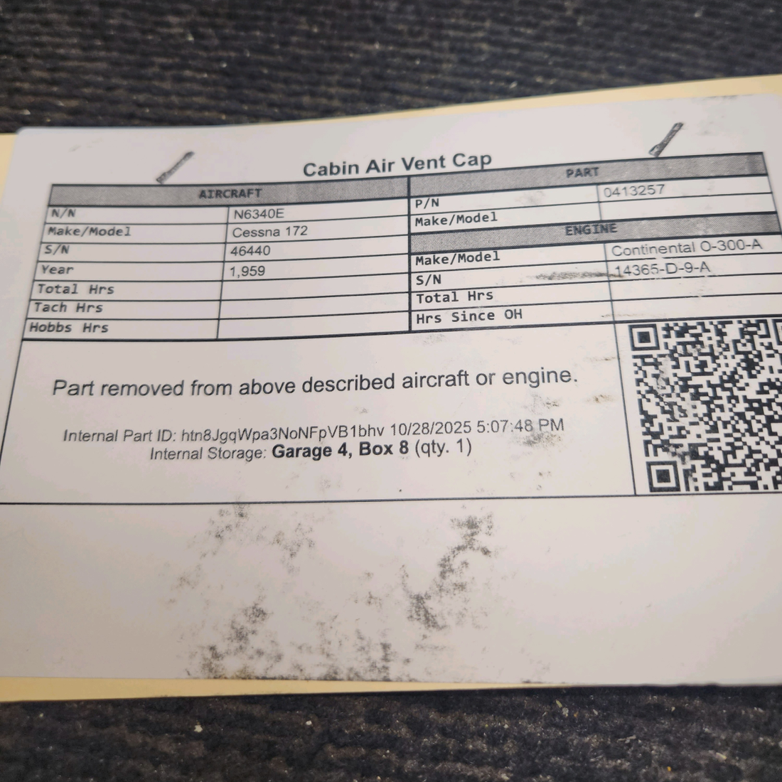 Used aircraft parts for sale, 0413257 Cessna 172 Cabin Air Vent Cap