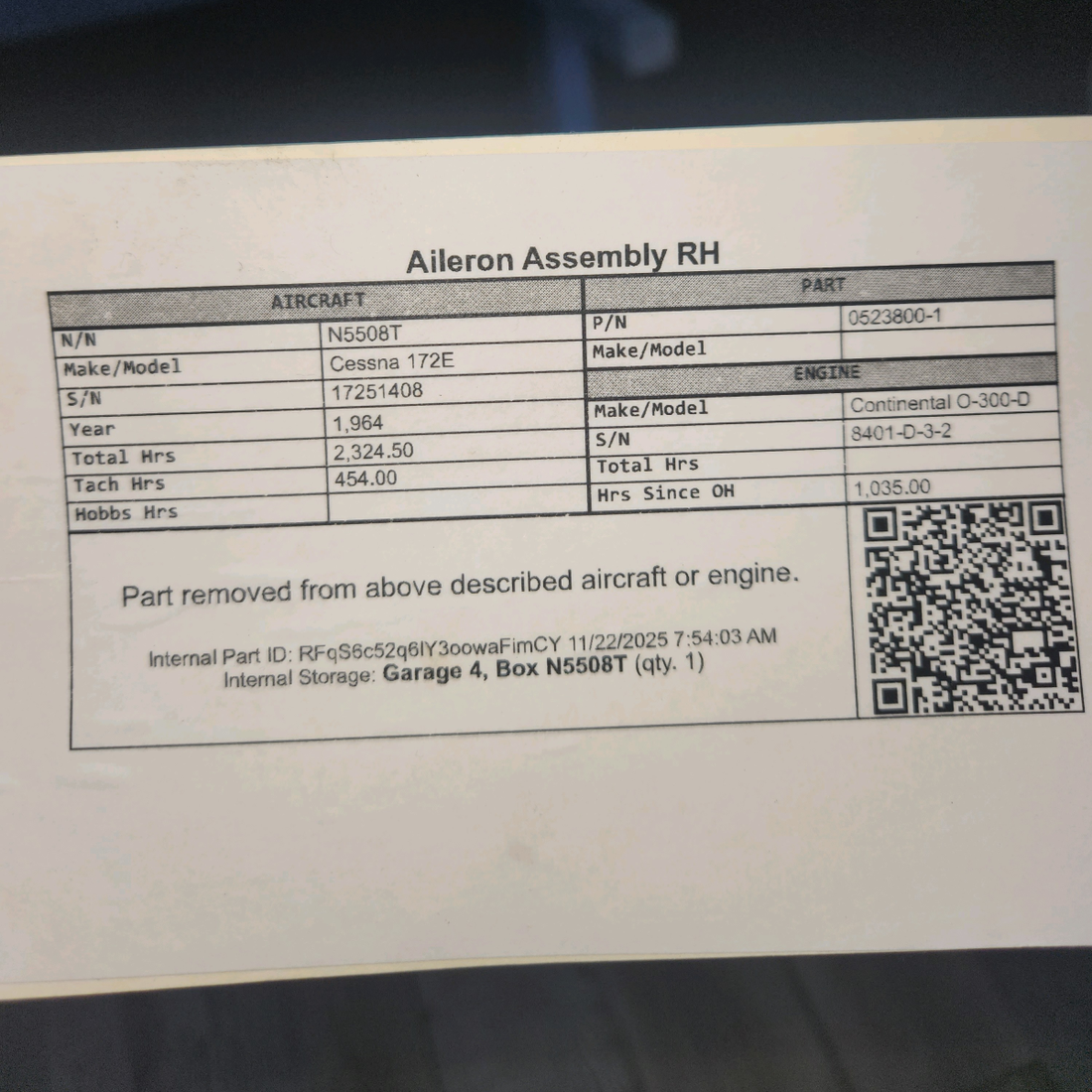 Used aircraft parts for sale, 0523800-1 Cessna 172E Aileron Assembly - RH