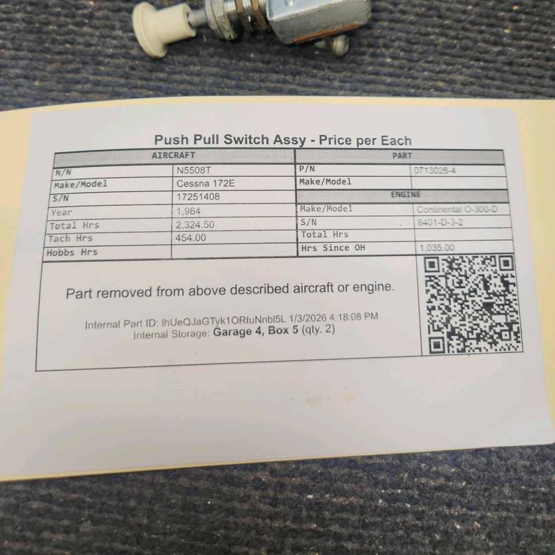 Used aircraft parts for sale, 0713026-4 Cessna 172E Push Pull Switch Assy - Price per Each