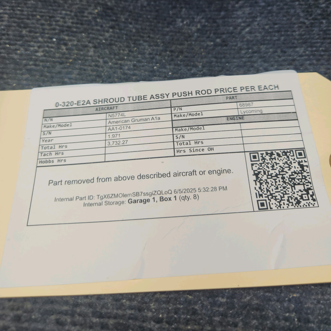 Used aircraft parts for sale, 68987 Lycoming 0-320-E2A American Gruman A1A SHROUD TUBE ASSY PUSH ROD PRICE PER EACH