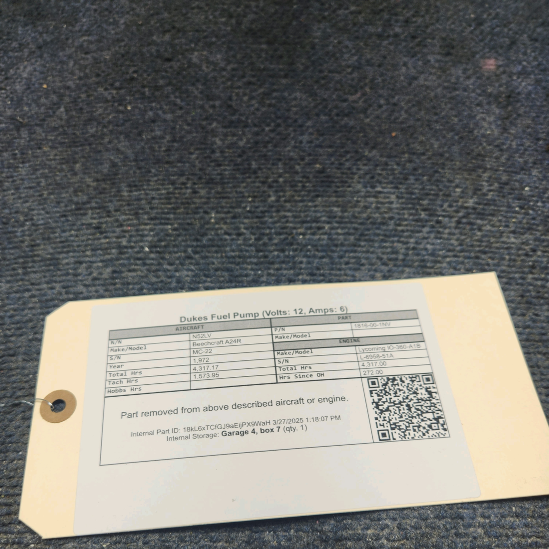 Used aircraft parts for sale, 1816-00-1NV Dukes Beechcraft A24R Dukes Fuel Pump (Volts: 12, Amps: 6)