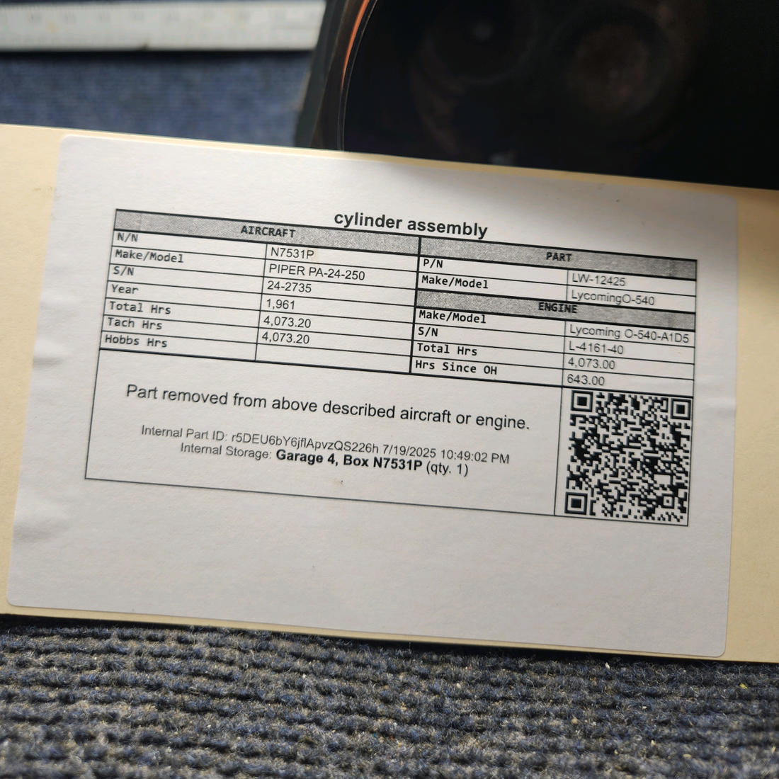 Used aircraft parts for sale, LW-12425 Lycoming O-540 PIPER PA-24-250 Nitrided Cylinder Assy