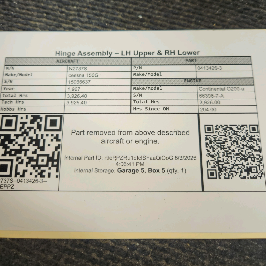Used aircraft parts for sale, 0413426-3 cessna 150G Hinge Assembly – LH Upper & RH Lower