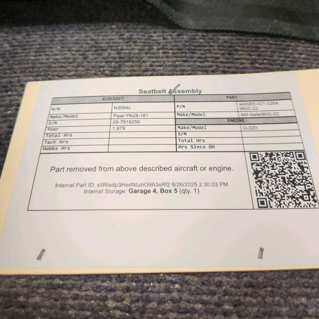 Used aircraft parts for sale, 449965-421-2264 AM-Safe 9600-22 Piper PA28-161 Seatbelt Assembly