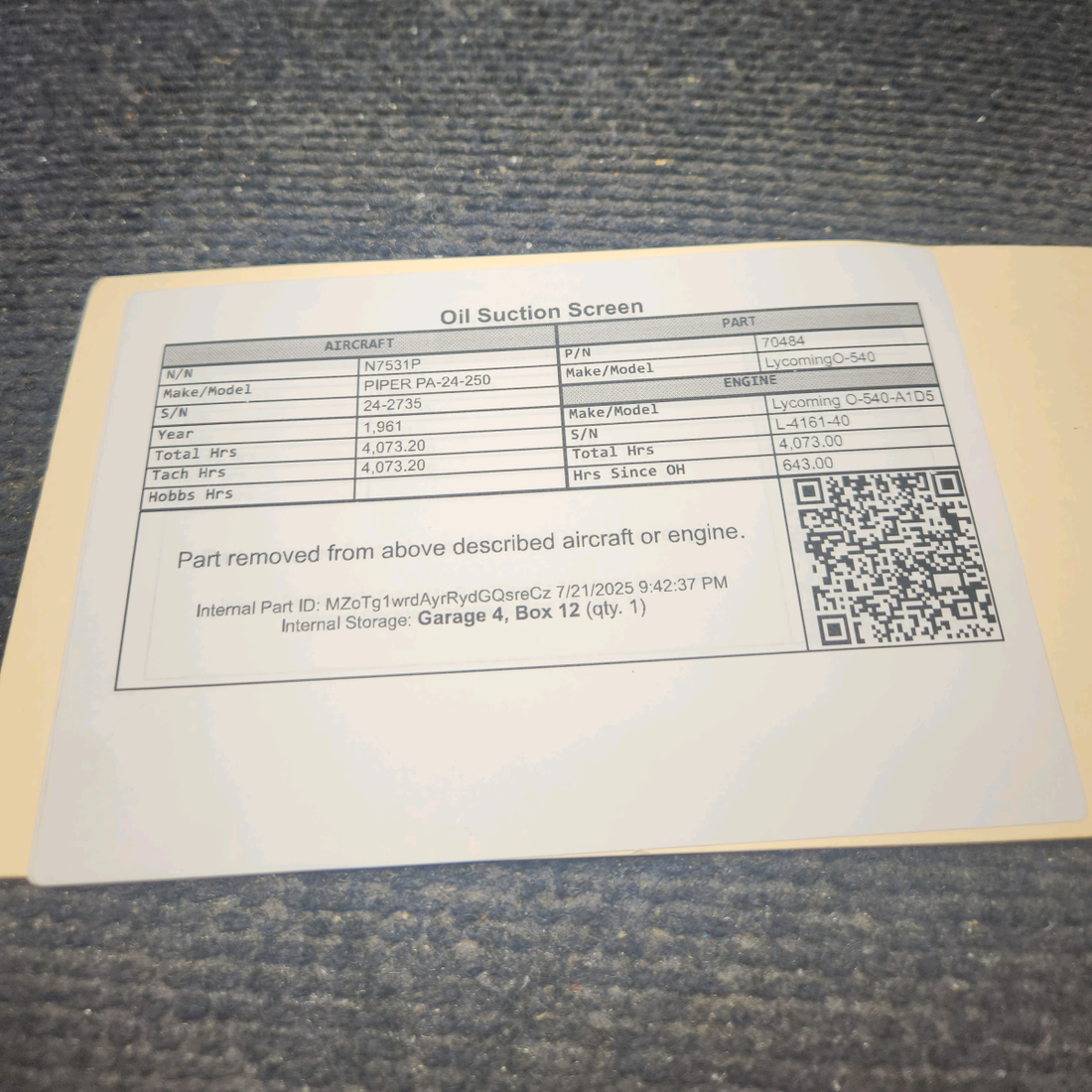 Used aircraft parts for sale, 70484 Lycoming O-540 PIPER PA-24-250 Oil Suction Screen