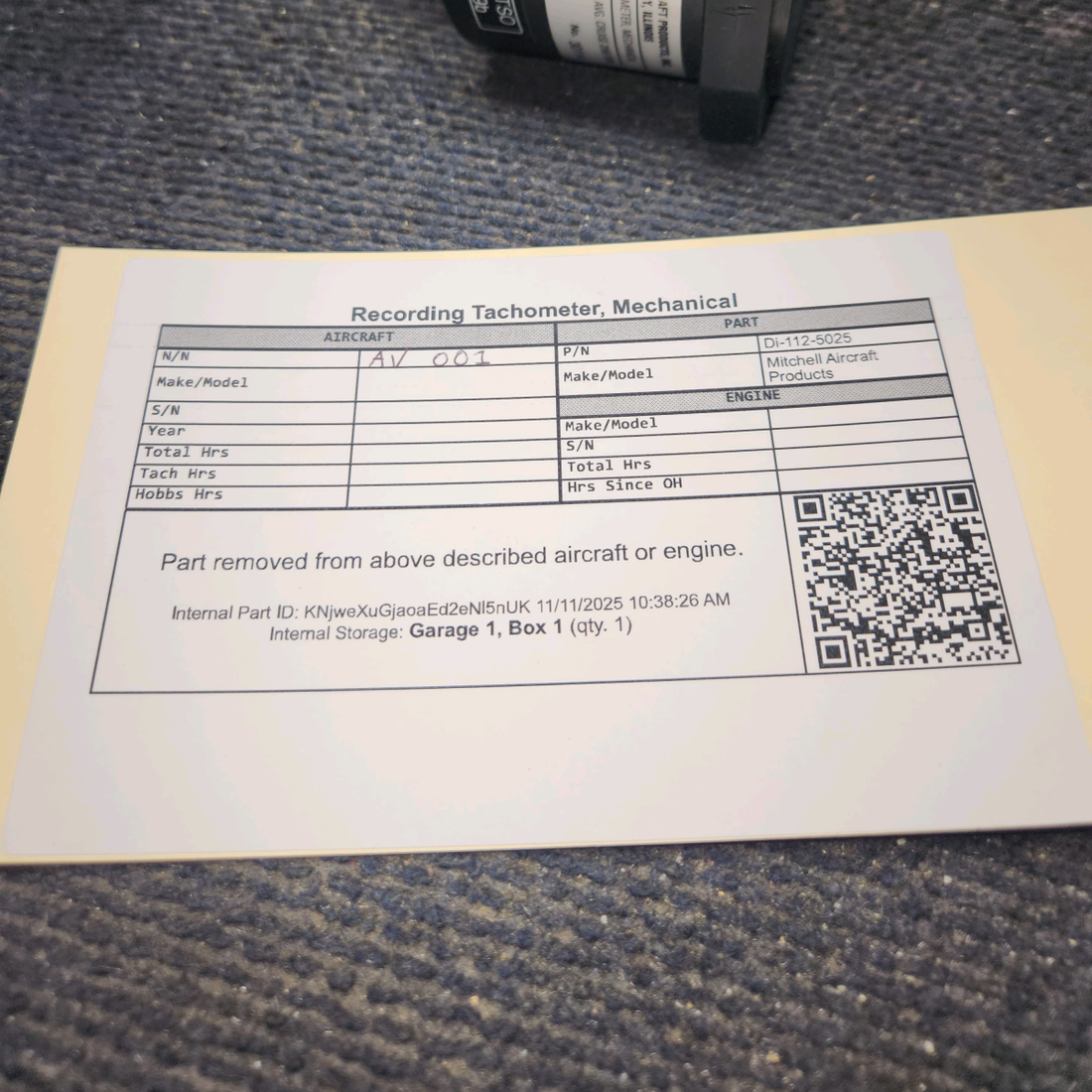 Used aircraft parts for sale, D1-112-5025 Mitchell Aircraft Products 98480-25 Recording Tachometer, Mechanical