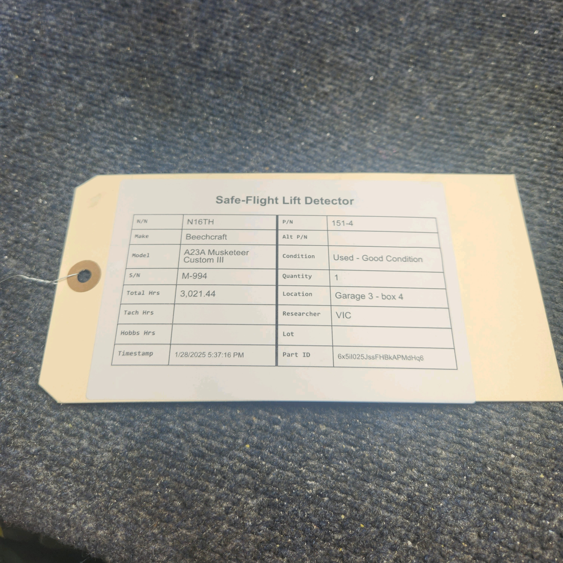 Used aircraft parts for sale, 151-4 Safe Flight Beechcraft A23A Musketeer Custom III LIFT DETECTOR