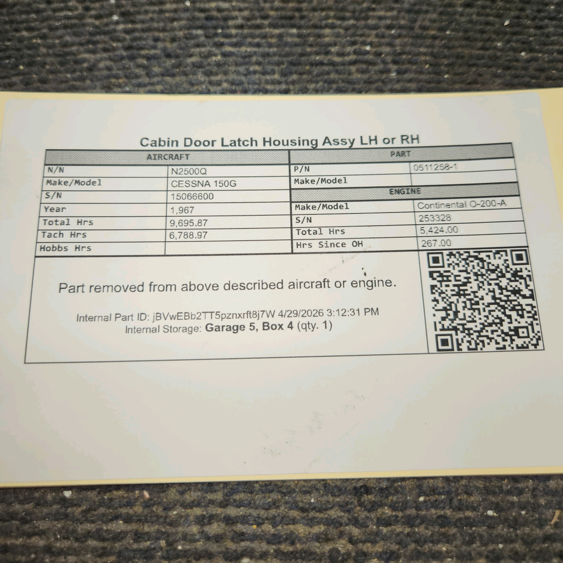Used aircraft parts for sale, 0511258-1 cessna 150G Cabin Door Latch Housing Assembly – LH or RH