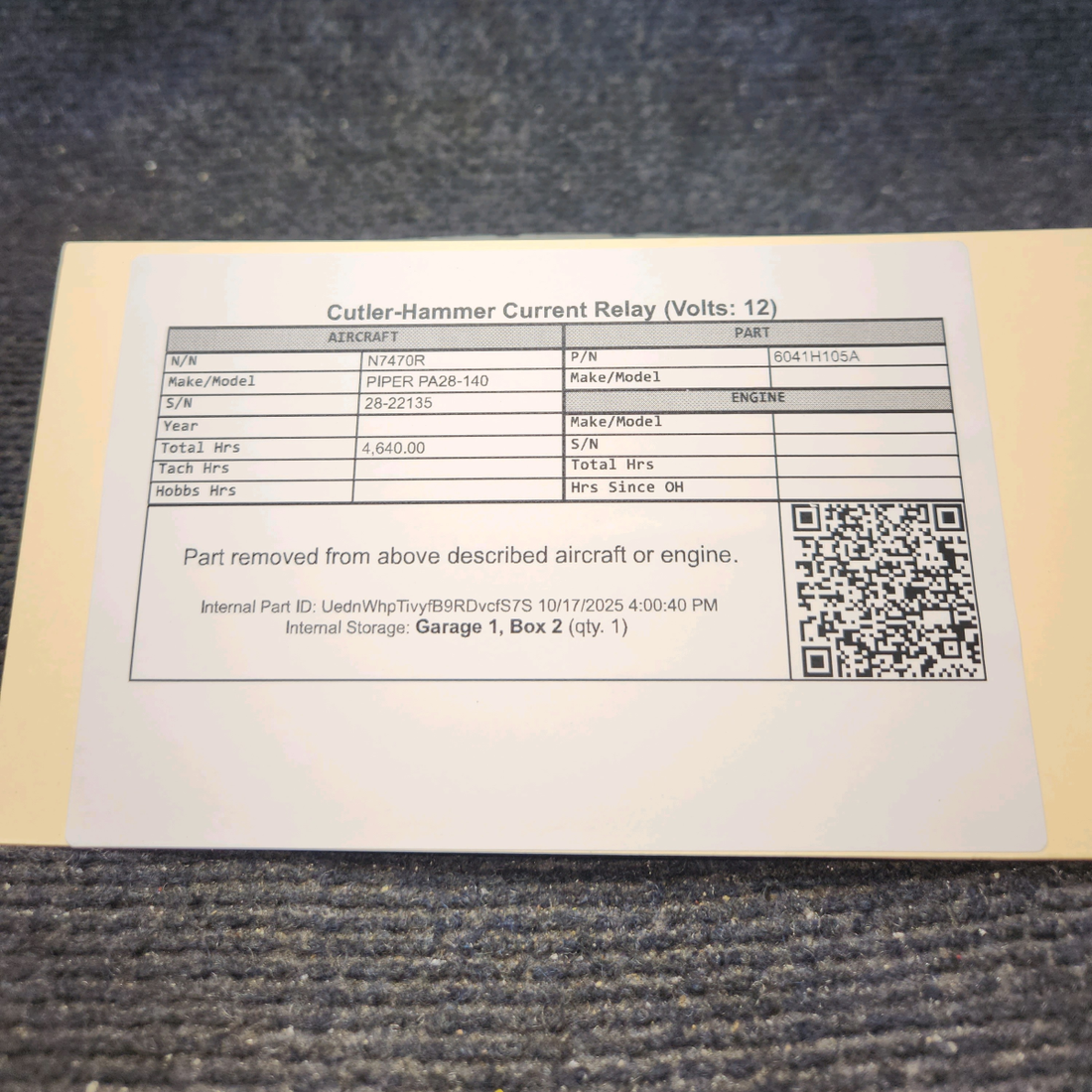 Used aircraft parts for sale, 6041H105A PIPER PA28-140 Cutler-Hammer Current Relay (Volts: 12)
