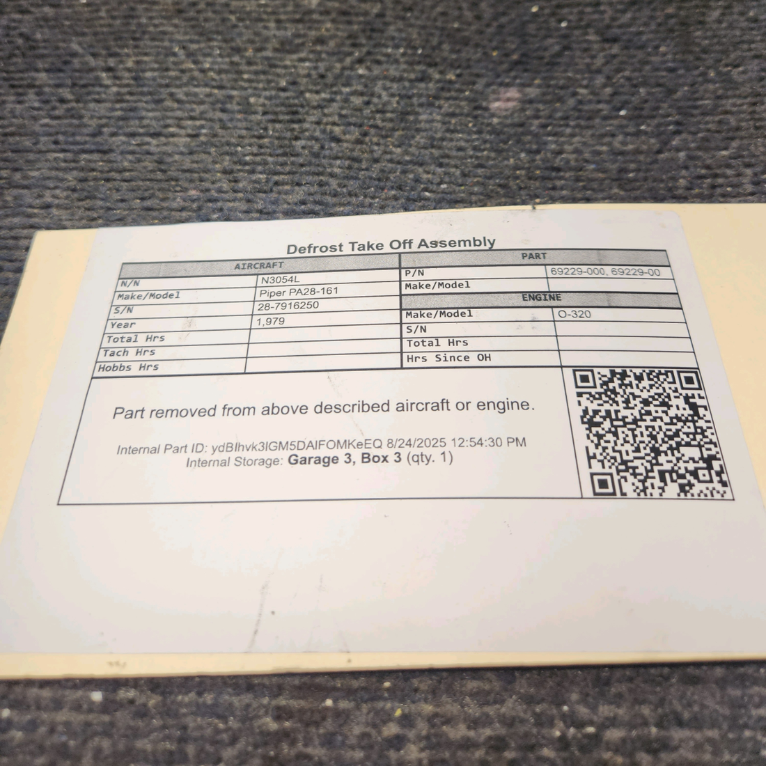 Used aircraft parts for sale, 69229-000 Piper PA28-161 Defrost Takeoff Assembly