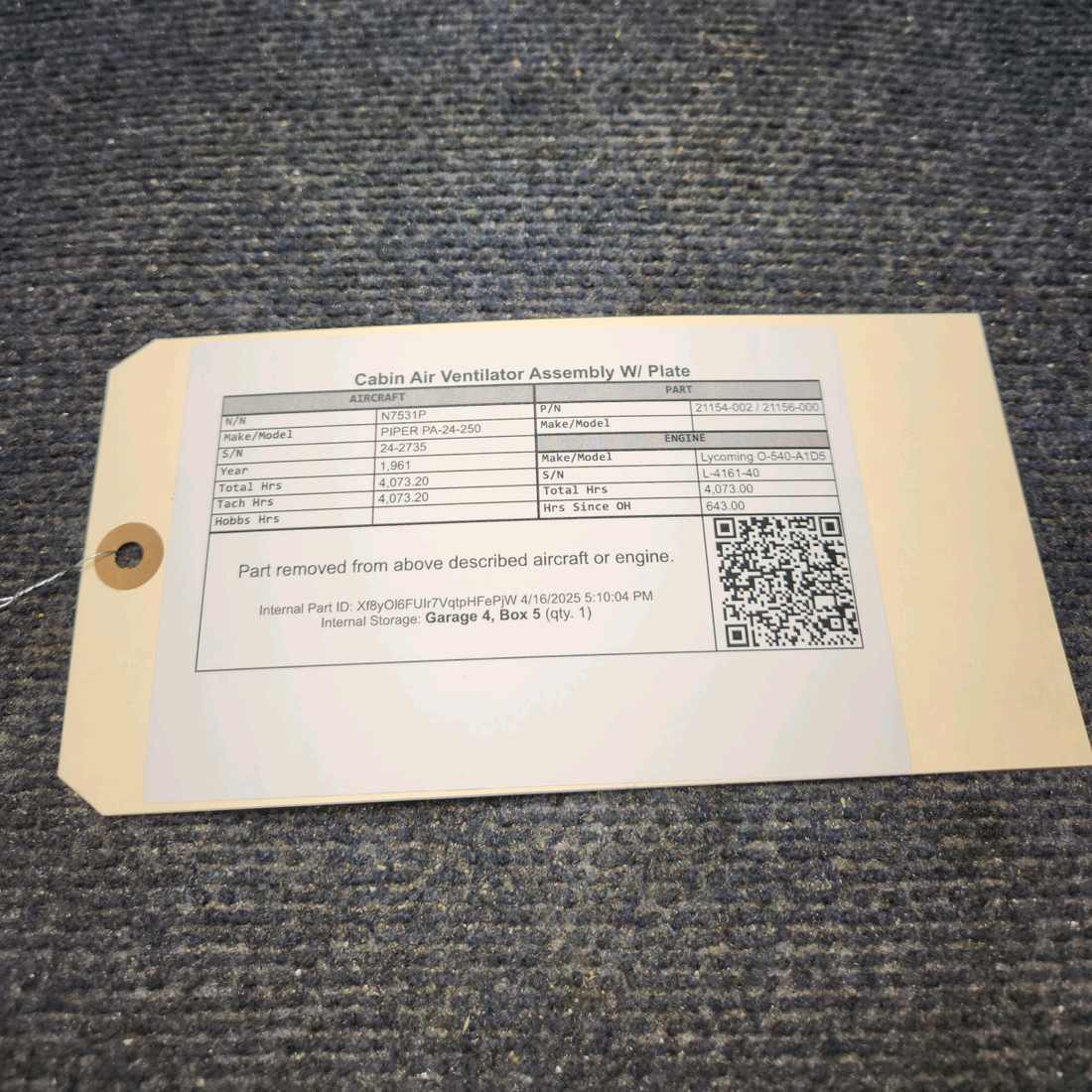 Used aircraft parts for sale, 21154-002 / 21156-000 PIPER PA-24-250 Cabin Air Ventilator Assembly W/ Plate