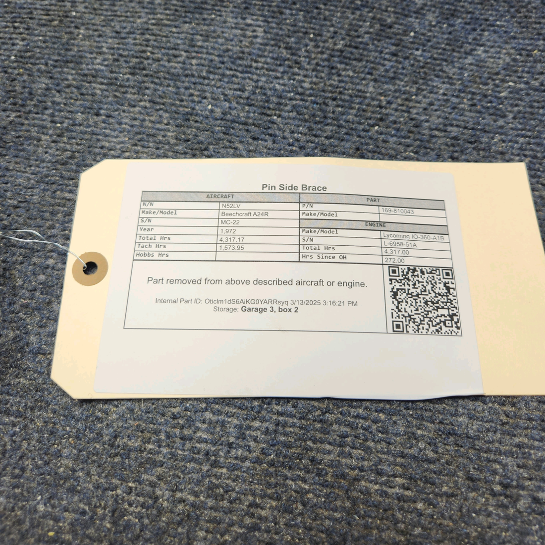 Used aircraft parts for sale, 169-810043 Beechcraft A24R Pin Side Brace