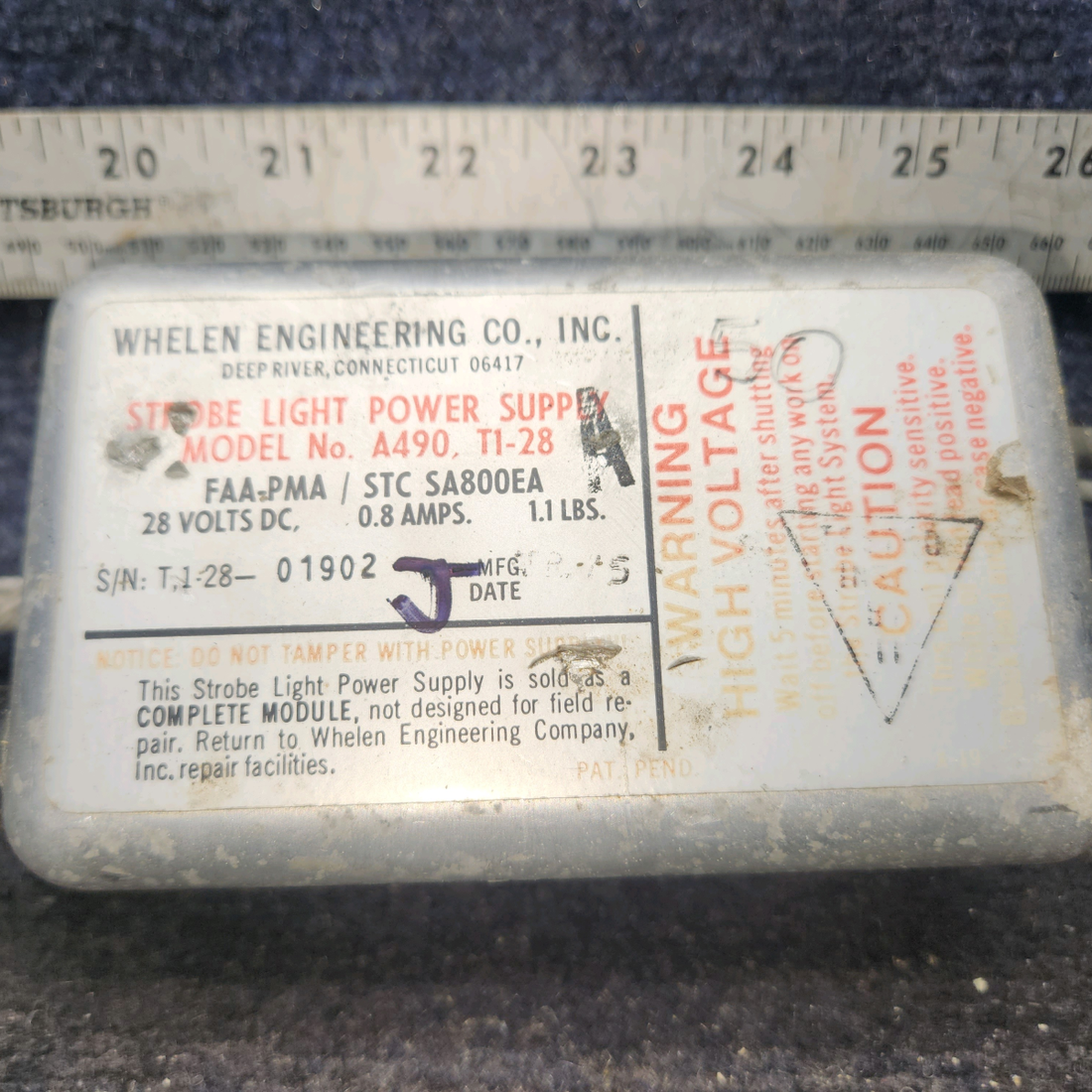 Used aircraft parts for sale, A490,T1-28 Whelen Strobe Light Power Supply (28V)