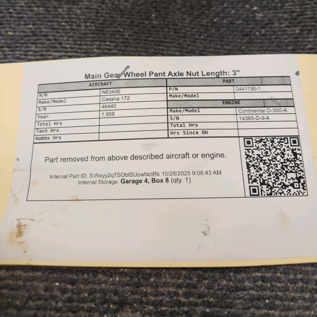 Used aircraft parts for sale, 0441130-1 Cessna 172 Main Gear Wheel Pant Axle Nut Length: 3"